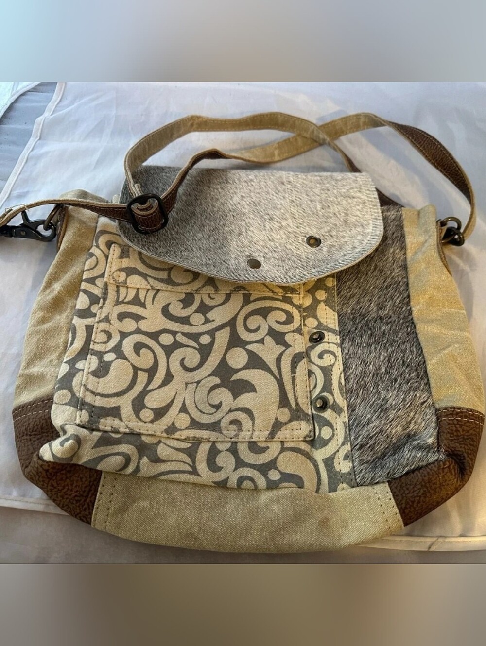 Myra Bag Beige and Brown Patchwork Crossbody